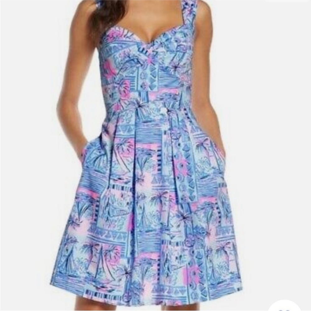 Lilly Pulitzer Cyndi Dress Whisper Blue Yeah Buoy Fit Flare Deep V-Neck